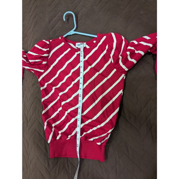 Vintage mutton sleeve magenta and white striped crew neck knit blouse - Picture 12 of 14